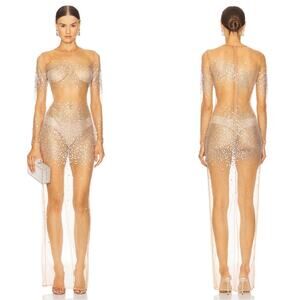 RETROFETE Miranda Crystal Embellished Long Sleeve Sheer Maxi Dress Size XS